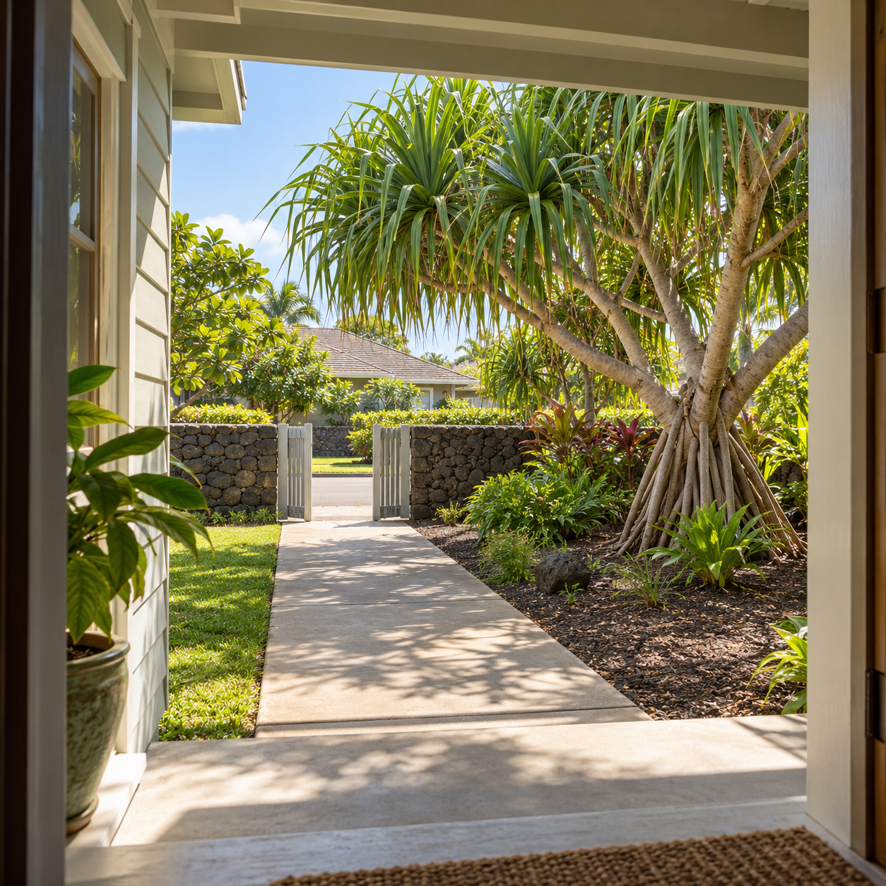 A hala grows in a garden bed beside a clear walkway leading from a shaded porch to an open gate.