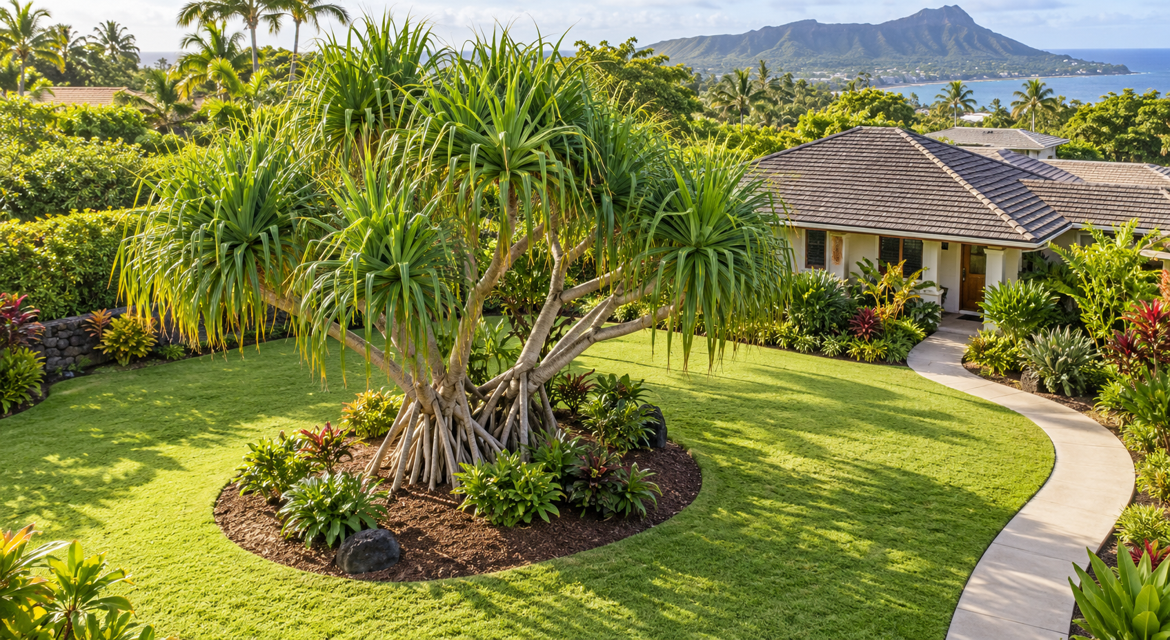 A mature hala grows in an open garden bed with lawn separating it from a Hawaii home and walkway.