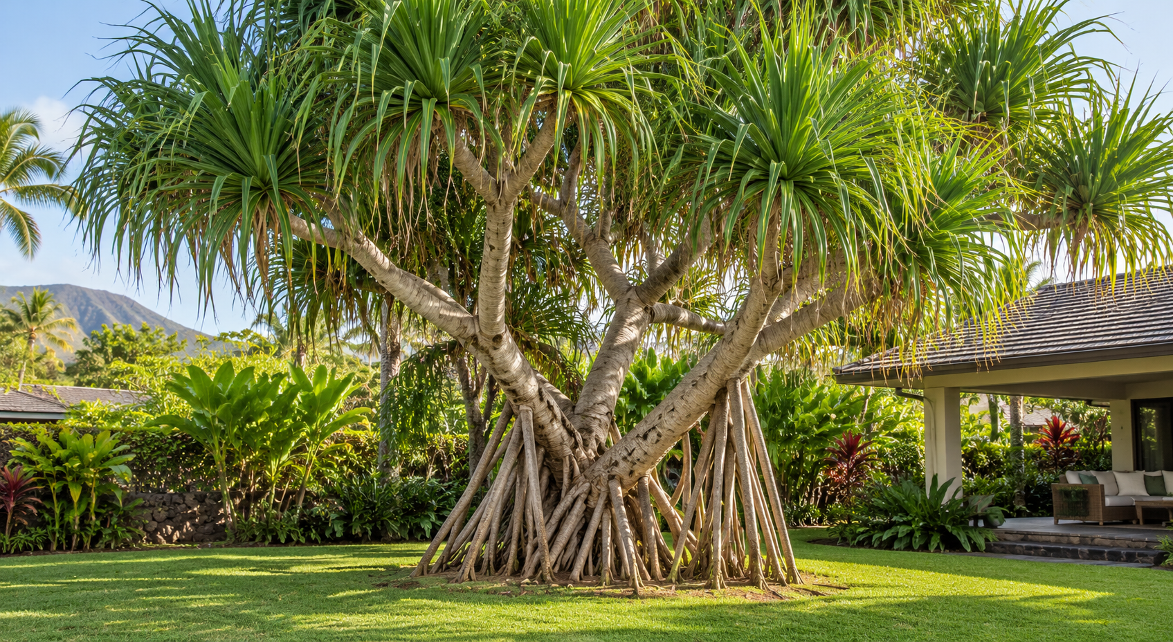 Mature hala tree with branching trunks and prop roots beside a lanai in a tropical residential yard.
