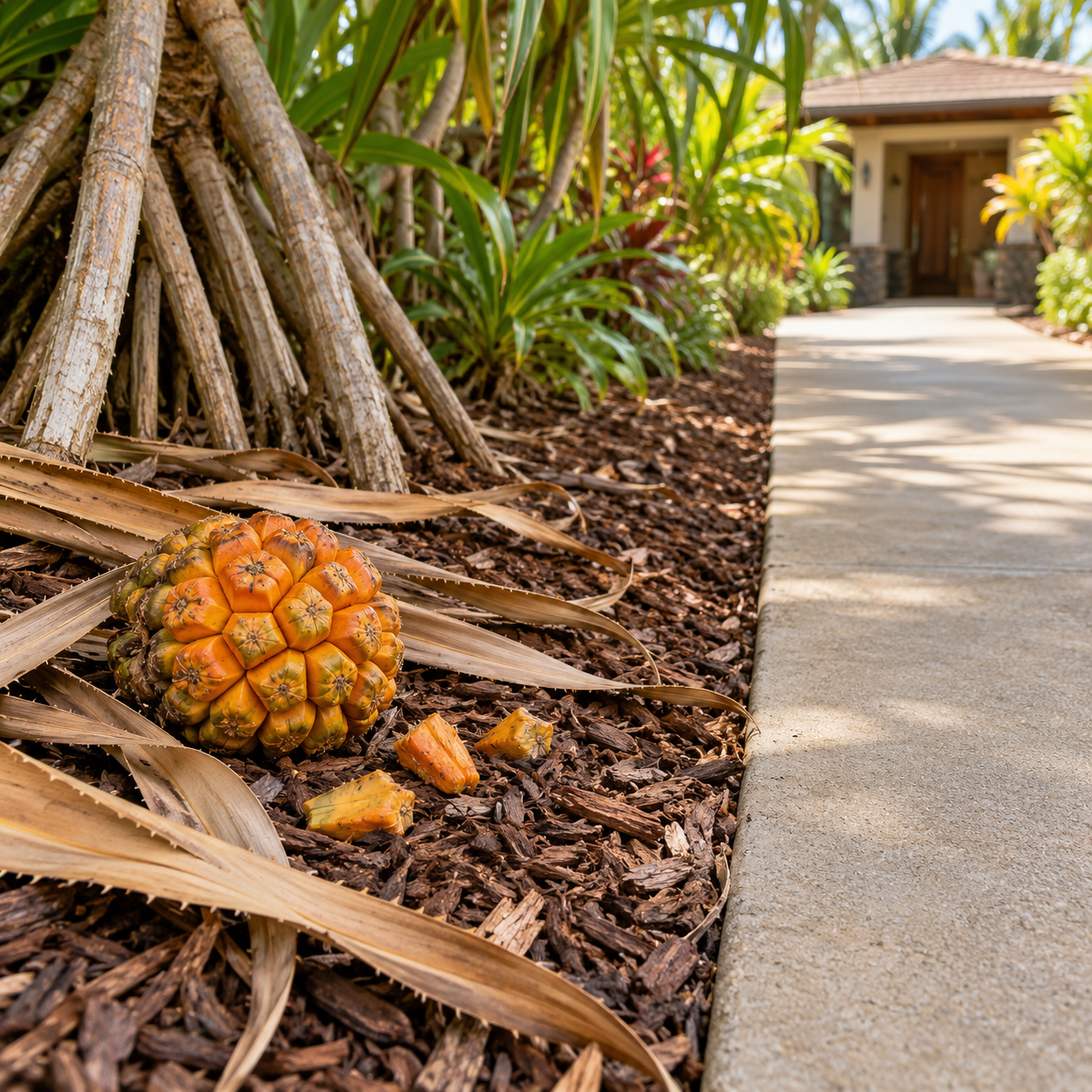 Fallen hala leaves and segmented fruit rest in a mulched bed beside an unobstructed concrete walkway.