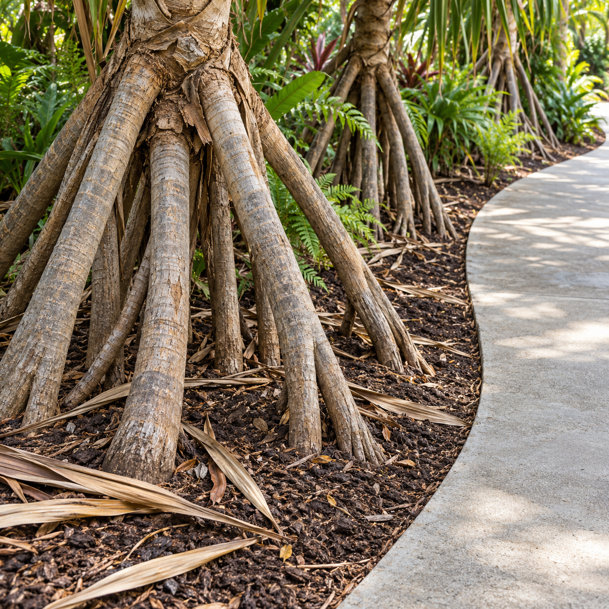 Intact hala prop roots grow in a planting bed beside a curved concrete walkway.