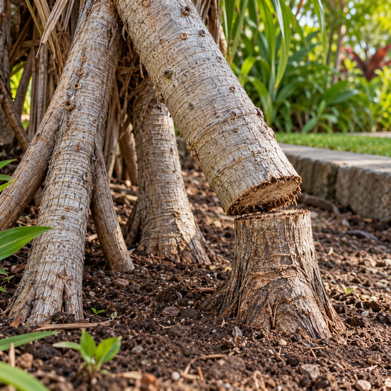 Mature hala tree with branching trunks and prop roots beside a lanai in a tropical residential yard.