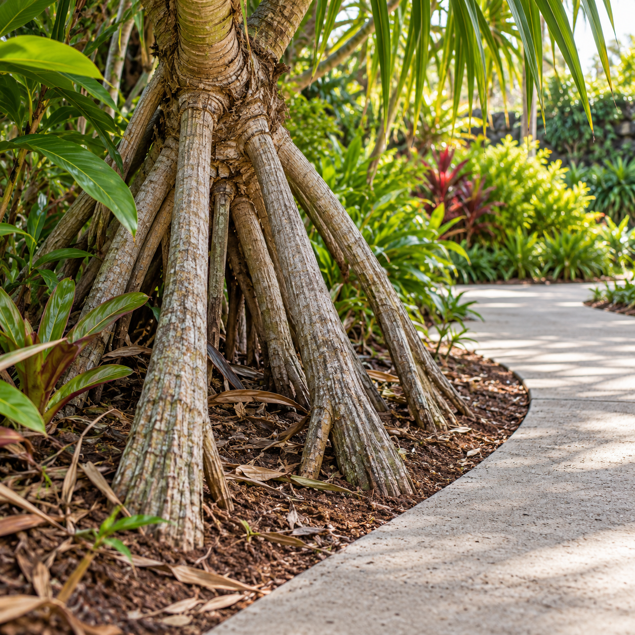Thick hala prop roots occupy a planting bed beside a clear, curving concrete walkway.