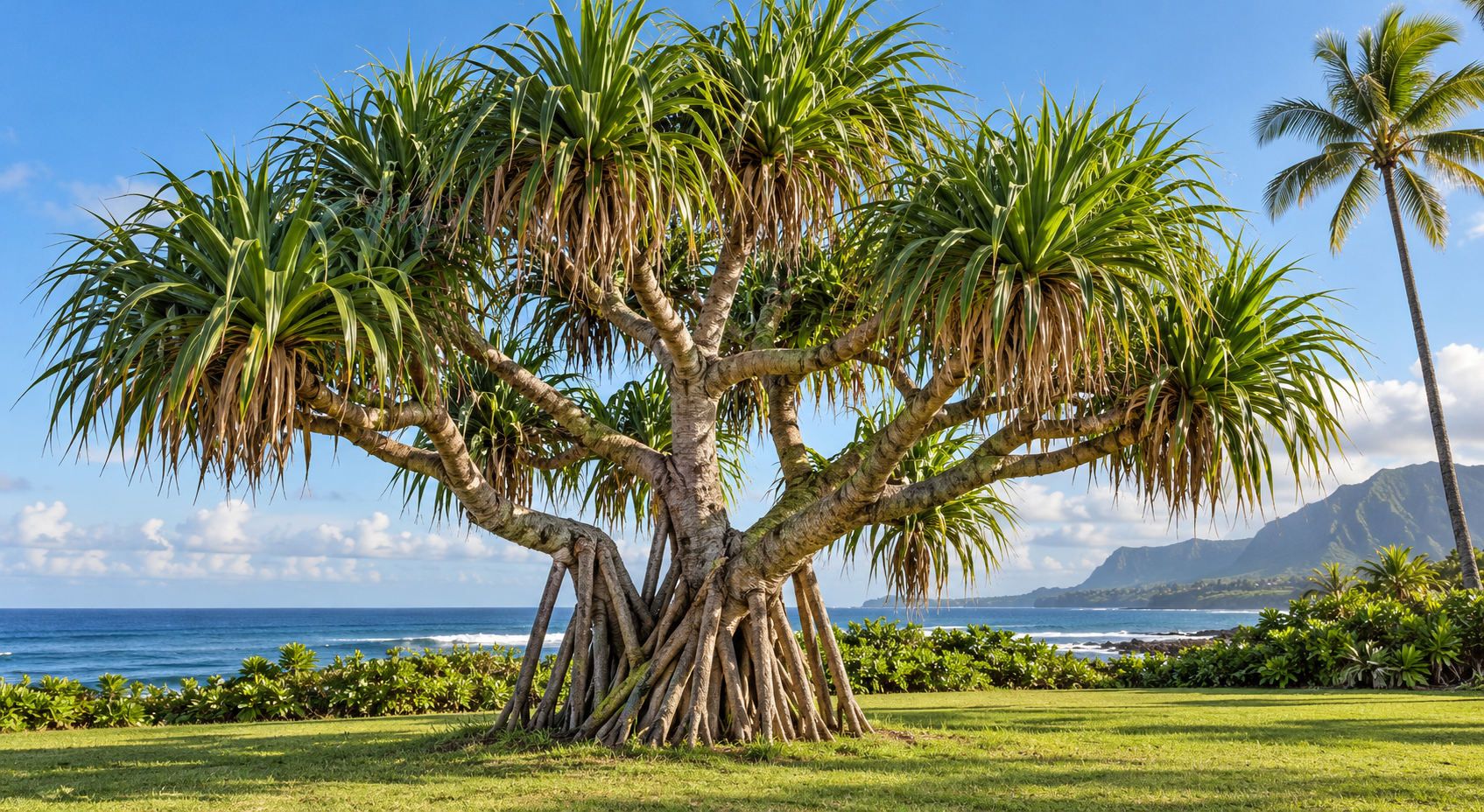 A spreading hala with prop roots stands near the coast, with a tall coconut palm in the background.