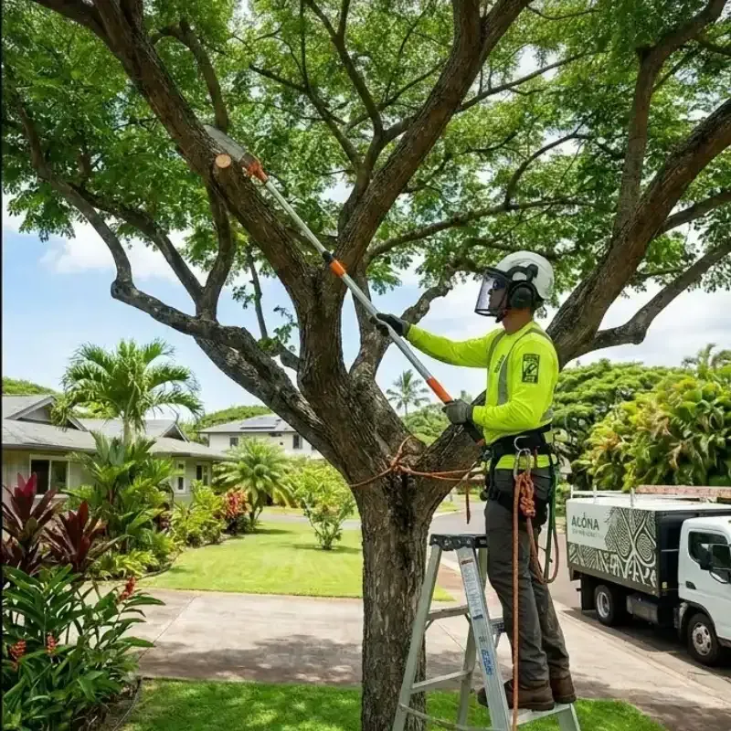 ISA-certified arborist performing safe tree pruning in Oahu Hawaii residential property