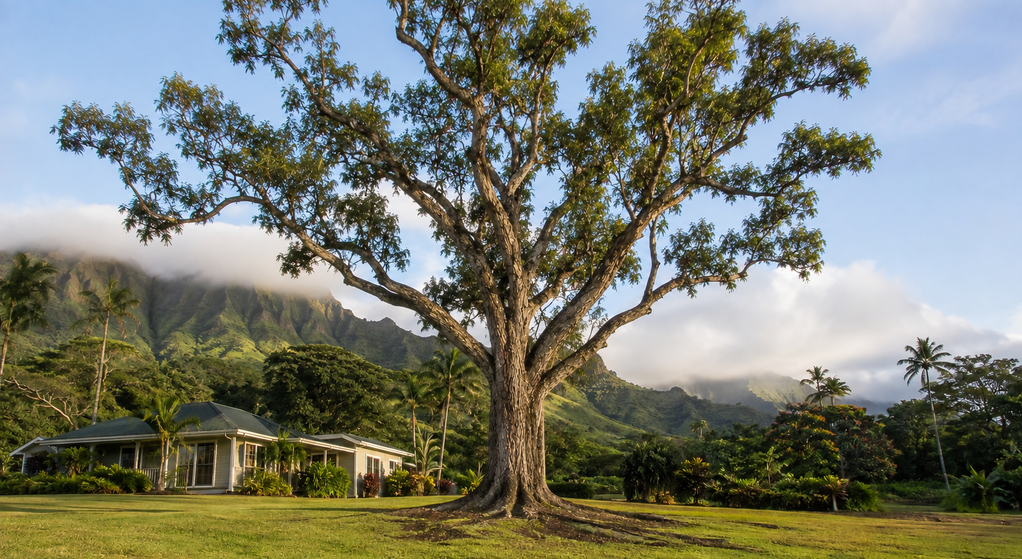 A mature koa tree towers beside an Oahu home and native vegetation.