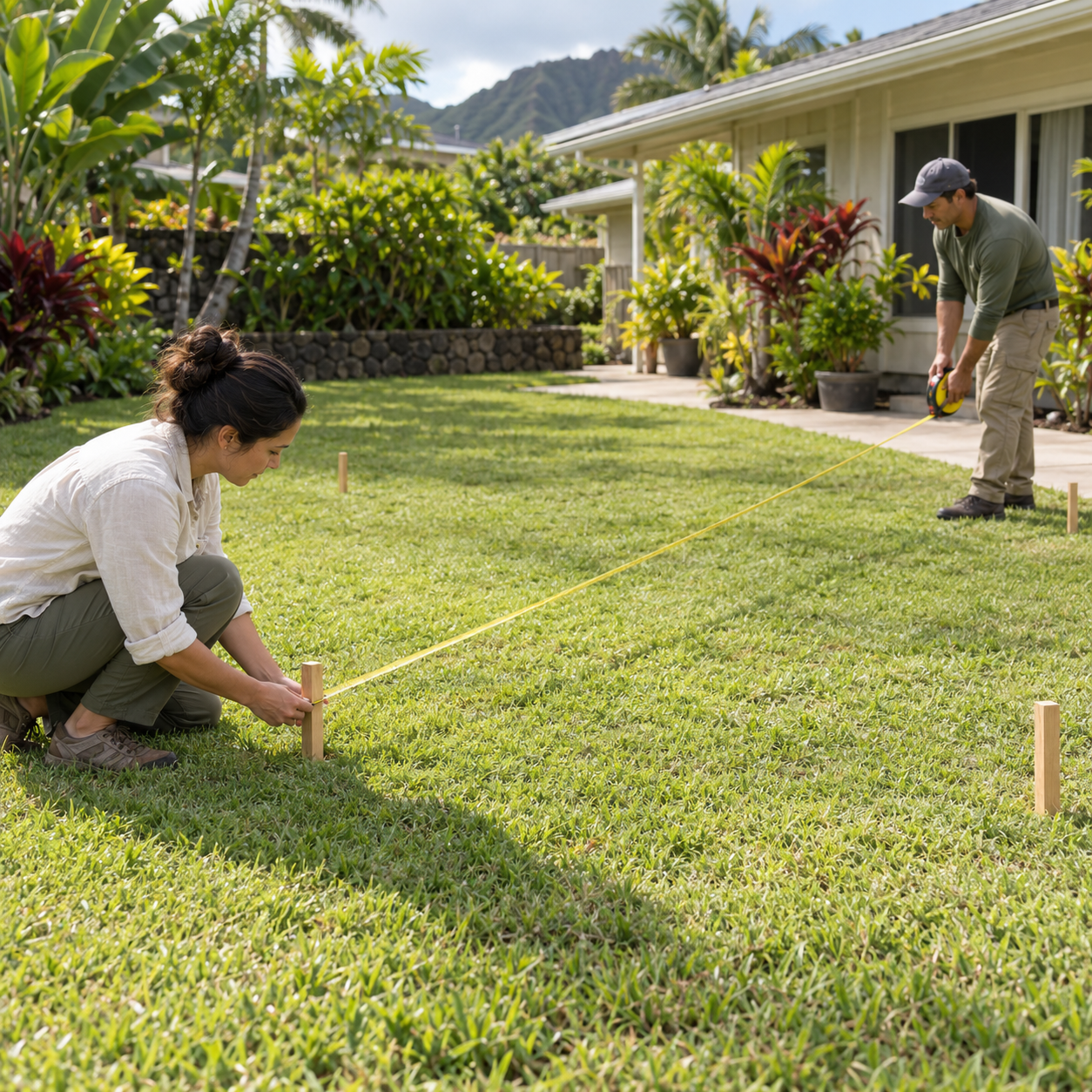 A homeowner and landscape professional measure outward from a proposed tree marker on an open lawn.
