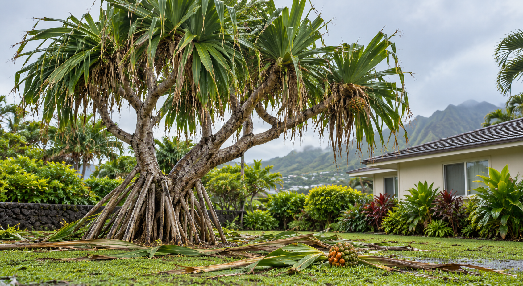 A hala tree stands above fallen strap-shaped leaves and segmented fruit in a rain-damp Oʻahu yard.