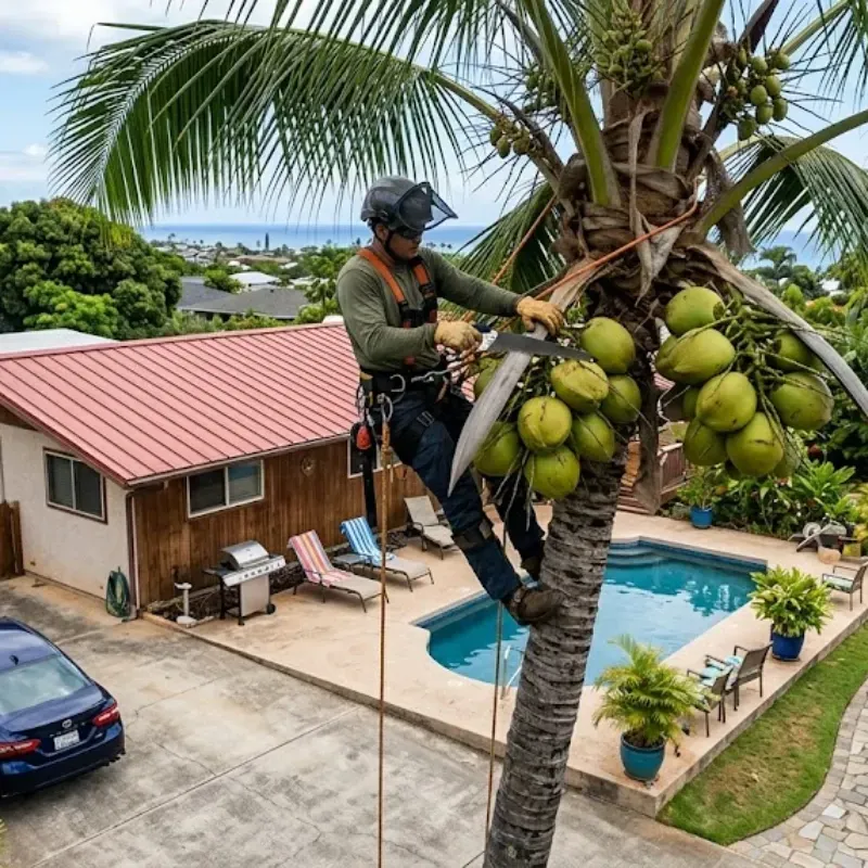 Oahu homeowner removing heavy coconuts above driveway walkway safely