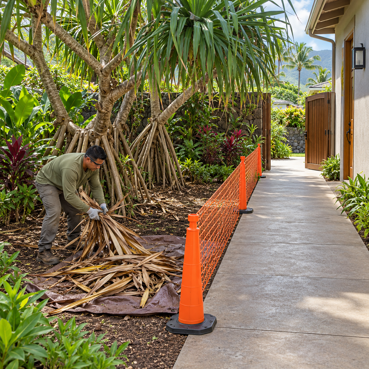 A worker gathers dry hala leaves behind an orange barrier while the entrance walkway remains clear.