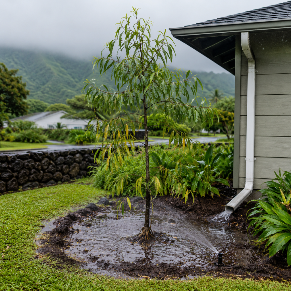 Standing water, sprinkler runoff, and downspout flow surround a young koa tree in an Oahu yard.