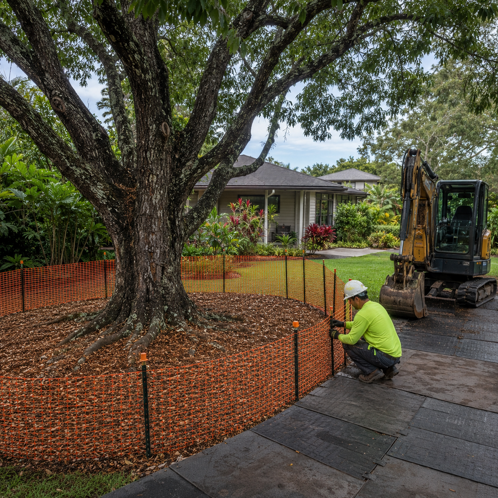 An arborist protects a koa root zone from nearby equipment on an Oahu property.