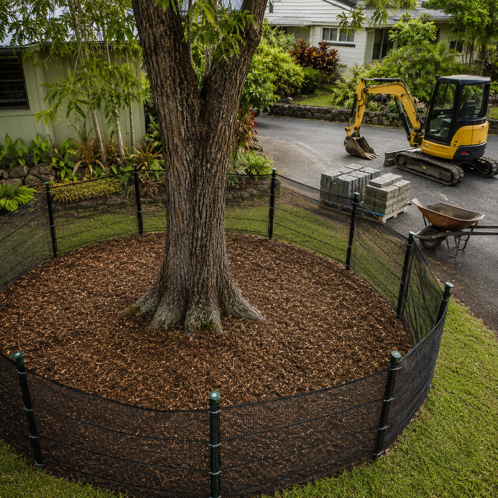 Protected koa root zone keeps equipment and materials away during residential work in Oahu.