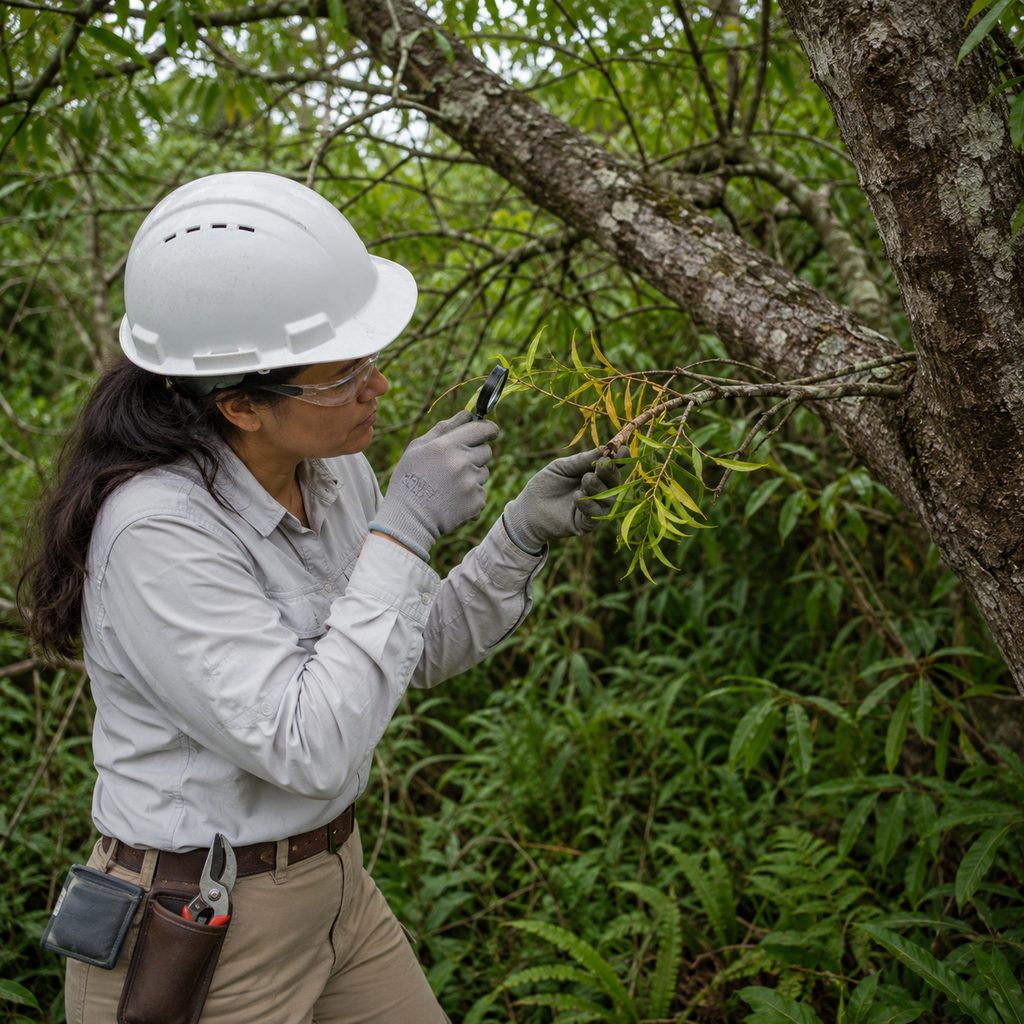 An Oahu specialist examines yellowing koa foliage for possible disease symptoms.
