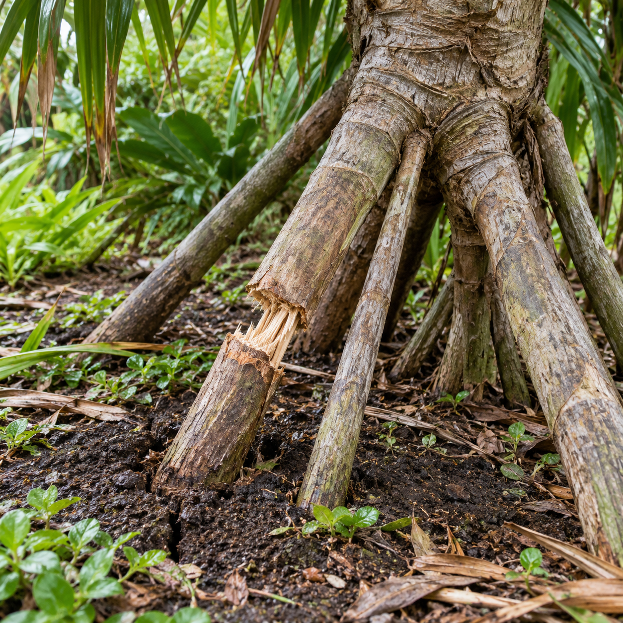 A fractured hala prop root exposes pale fibers beside intact supports and cracked, damp soil.