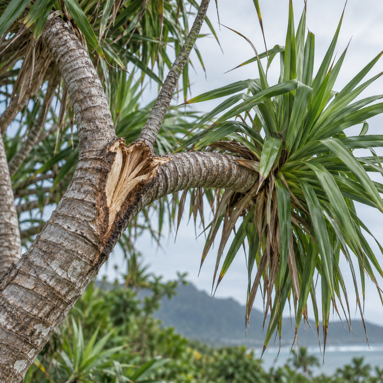 A split hala branch attachment exposes torn fibers beneath a cluster of green strap-shaped leaves.