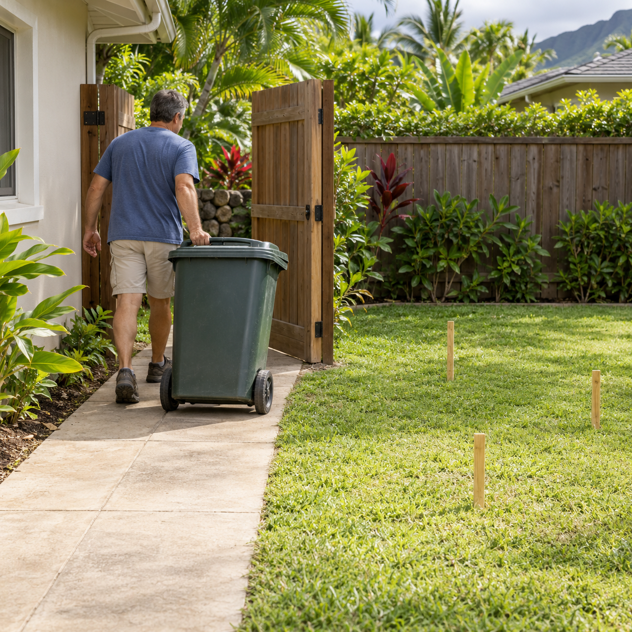 A homeowner wheels a bin through an open gate beside temporary planting markers on the lawn.