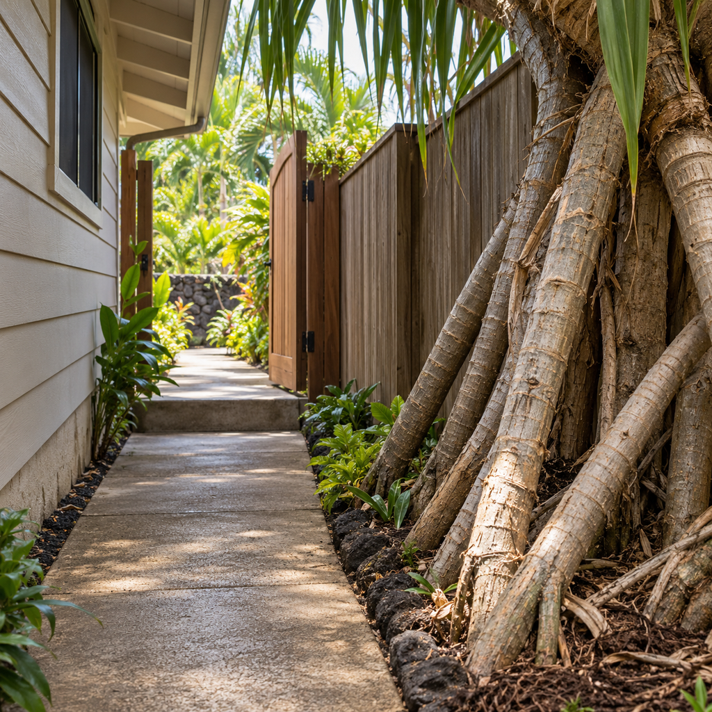 Hala prop roots border a narrow side passage with a step and an open exit gate.