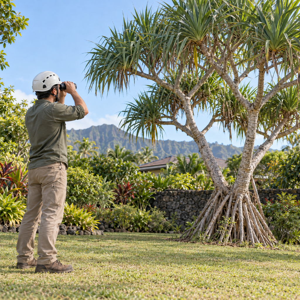 An arborist uses binoculars from ground level to inspect a hala tree’s branching canopy during calm weather.