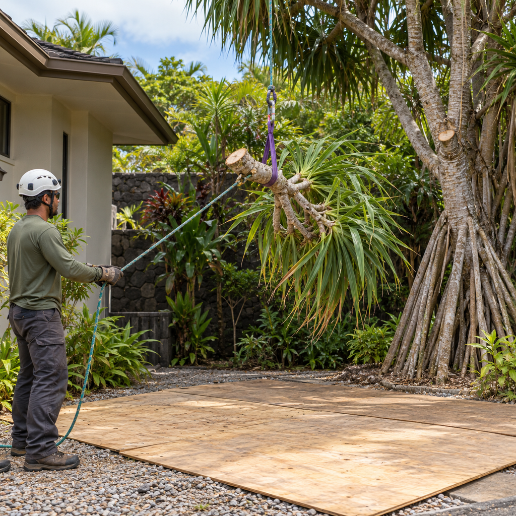 Helmeted worker guides a suspended hala branch with a tag line above a protected landing area.