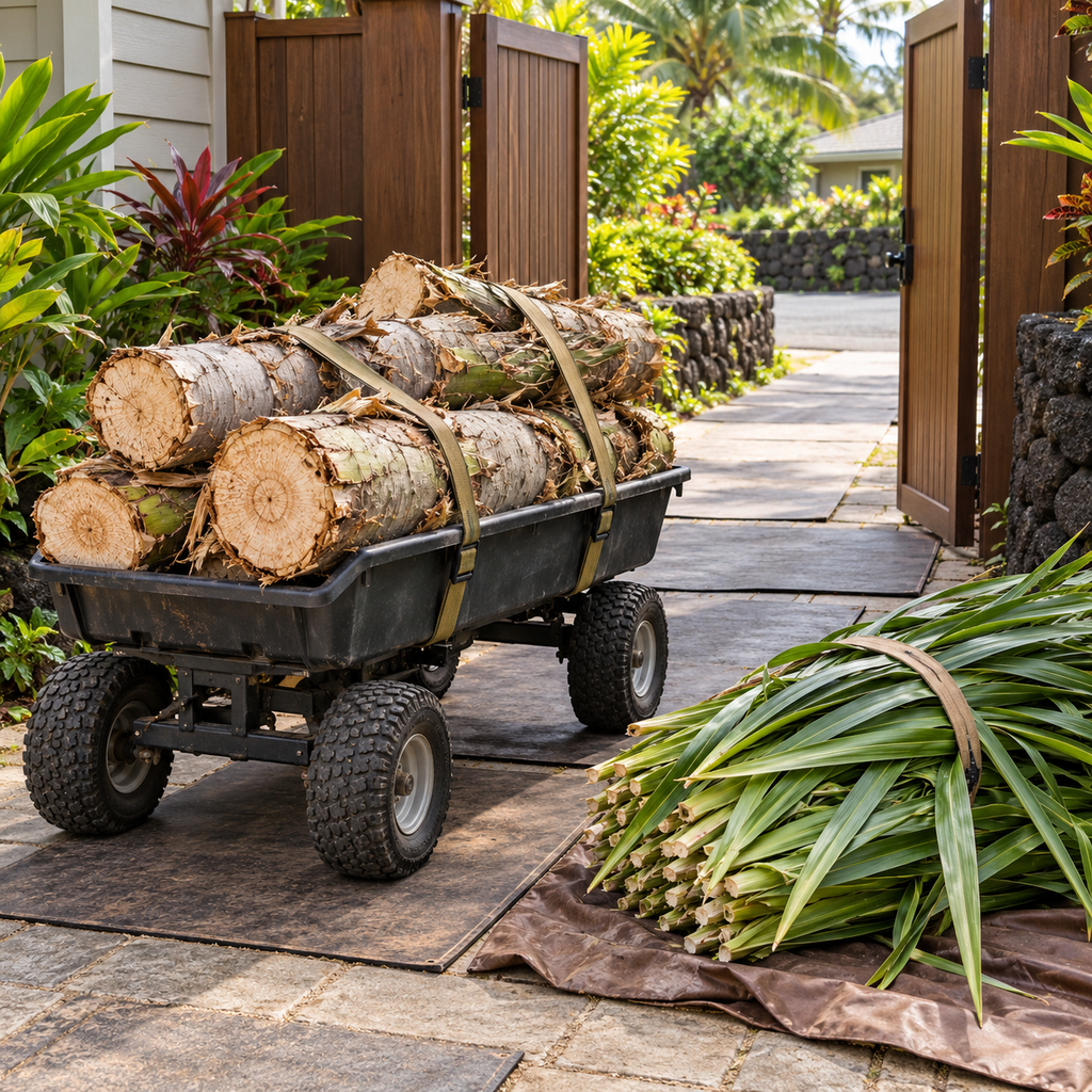 Secured hala sections on a utility cart beside bundled leaves and a protected route through an open gate.