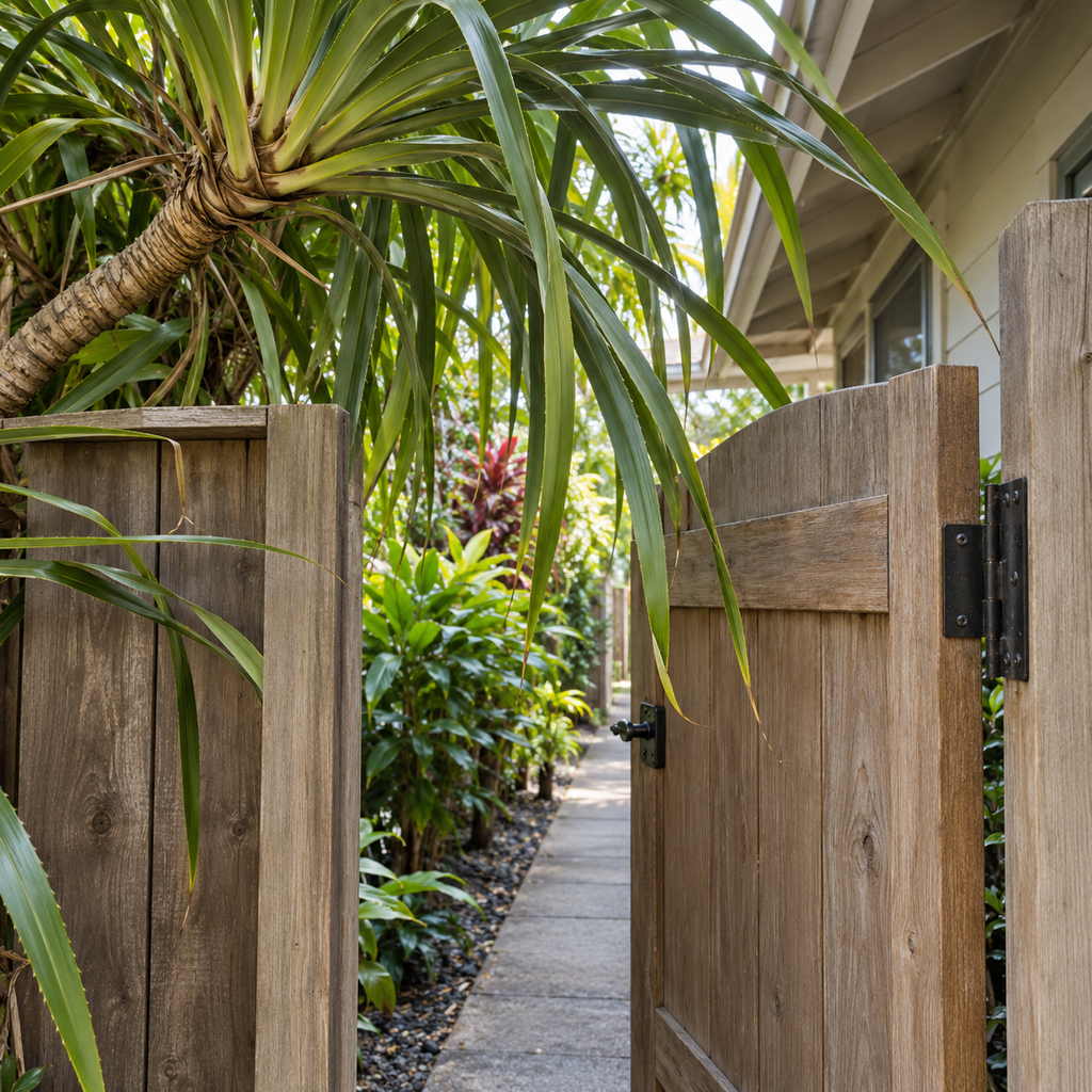 Long hala leaves hang across an open wooden gate leading to a narrow residential passage.