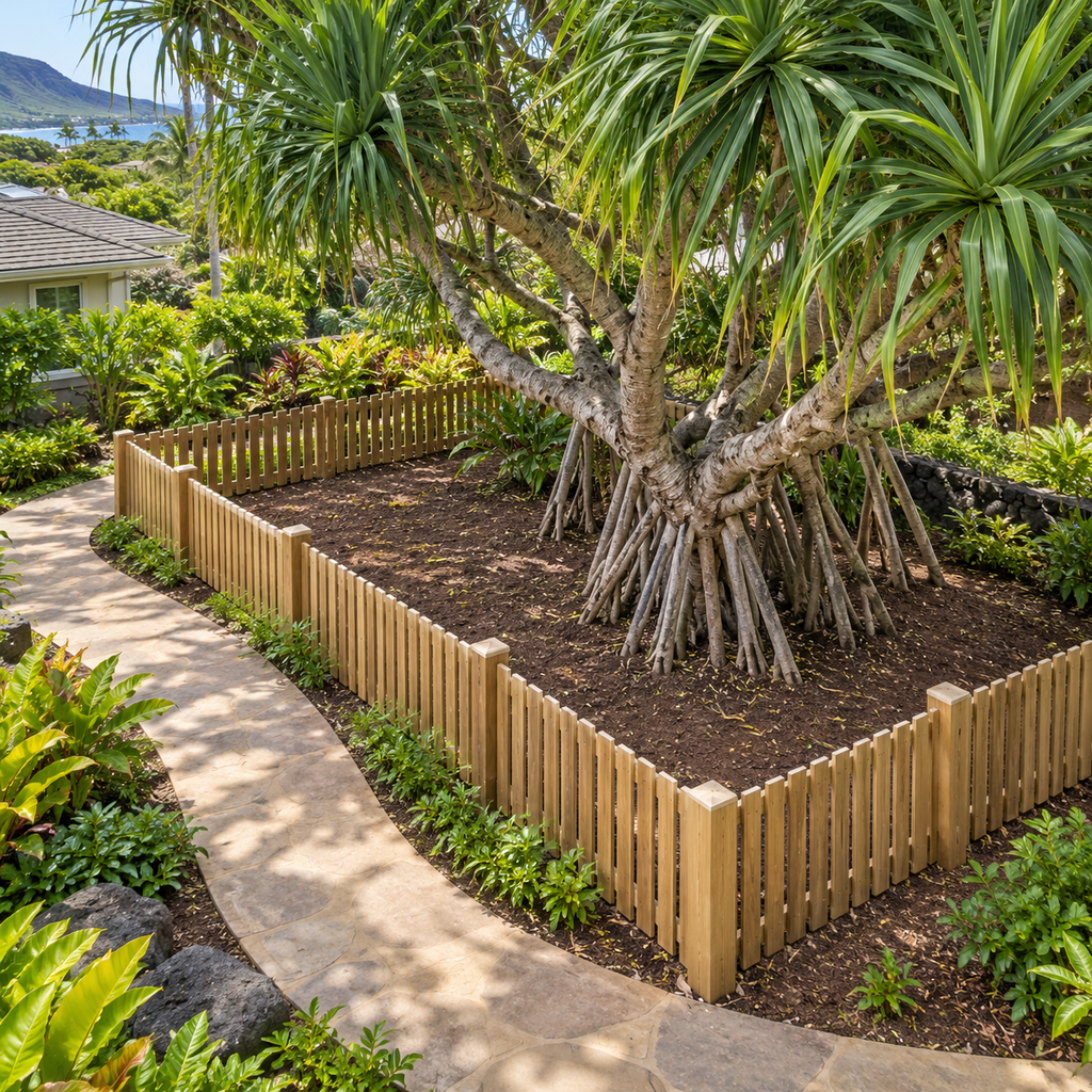 A wooden fence and curving path leave open soil and growing space around a mature hala and its prop roots.