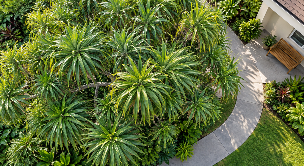 A mature hala tree spreads its leafy crown above prominent prop roots in an Oahu residential yard.