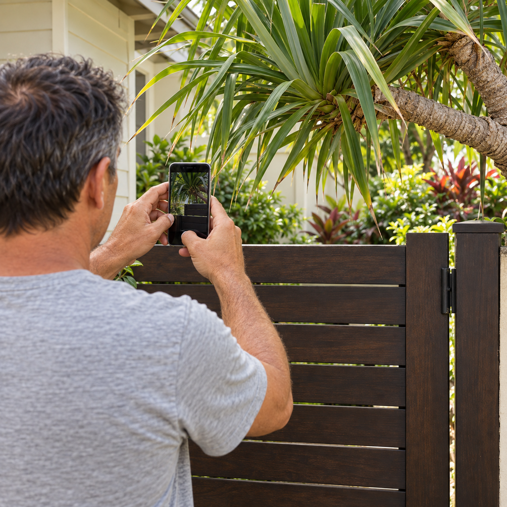 A homeowner photographs hala leaves above a wooden gate to track changes in clearance.