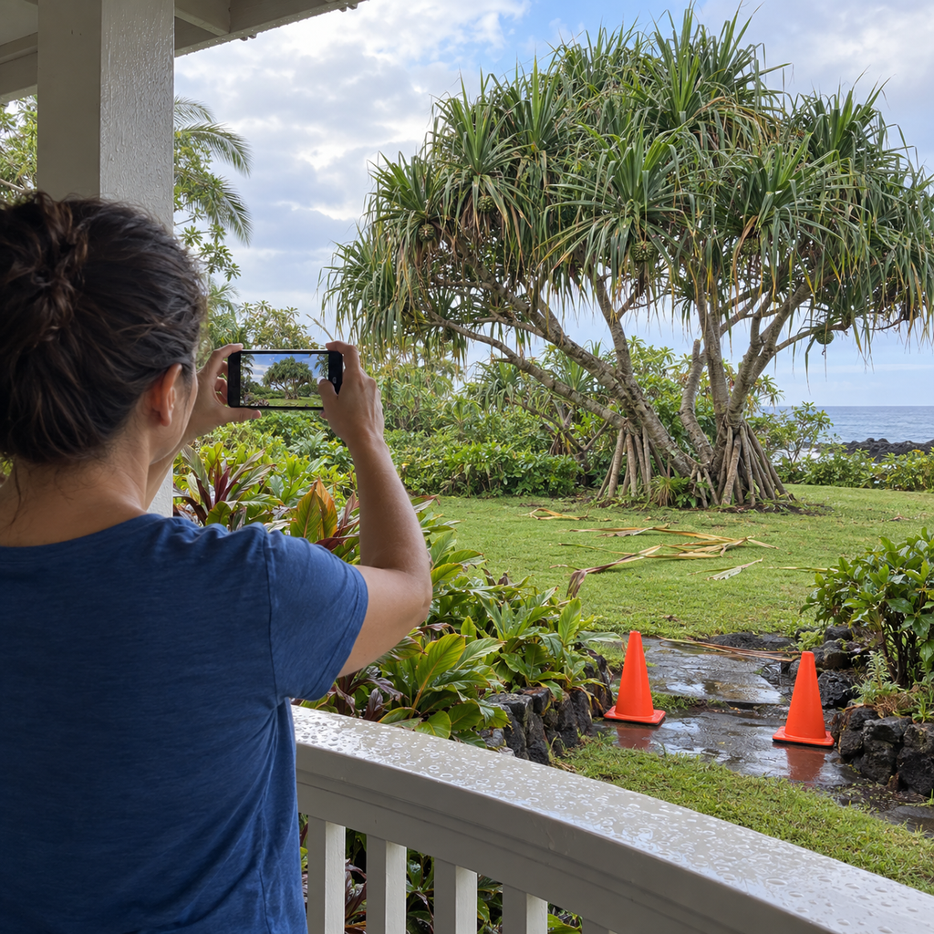 A homeowner photographs a hala tree from a porch after rain, with cones marking the wet garden path.