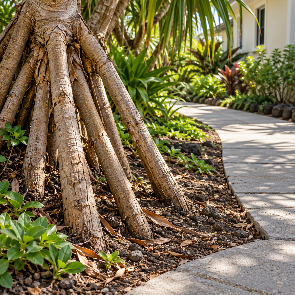 Intact hala prop roots grow in an unpaved soil bed beside a curving residential walkway.