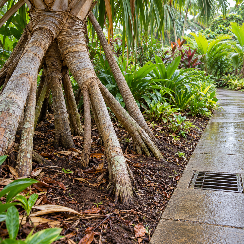 Hala prop roots grow in undisturbed soil beside a wet garden path with a clear drain grate.