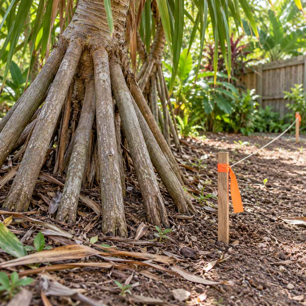 Intact hala prop roots stand beside stakes and string marking a proposed fence alignment.