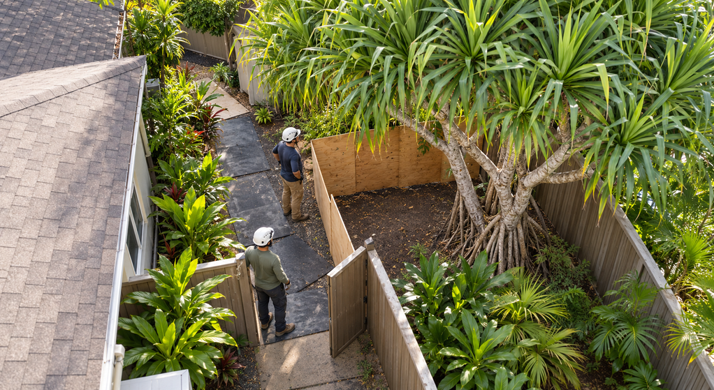 Elevated view of two arborists assessing a hala tree and protected access route in a narrow resident