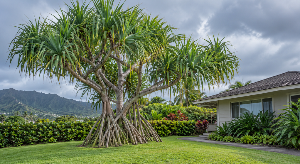 A homeowner photographs a hala tree from a porch after rain, with cones marking the wet garden path.