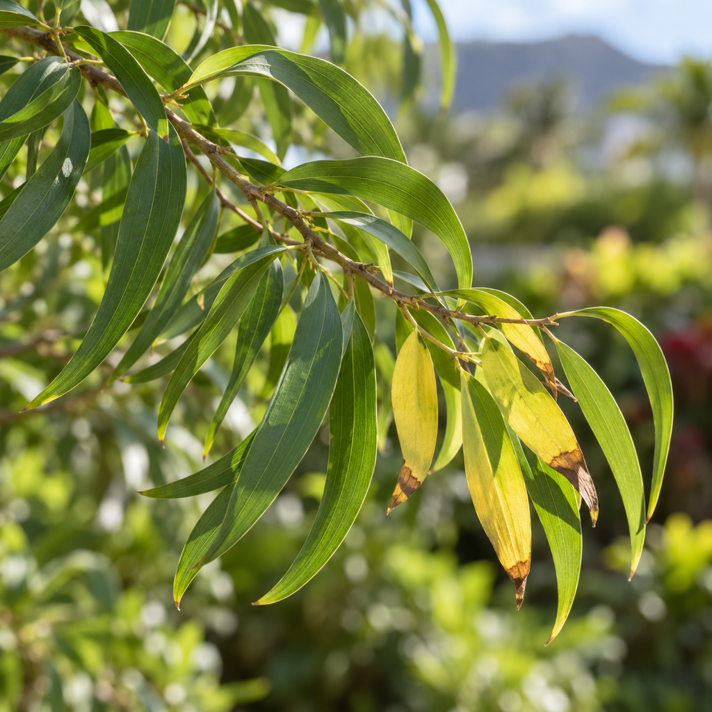 Koa branch with green foliage and a small cluster of yellowing phyllodes with brown tips.