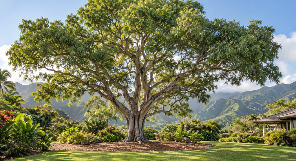 Mature koa tree with a spreading canopy and mulched root zone in an Oahu residential garden.