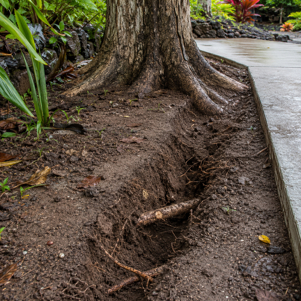 Utility trench exposing severed koa roots beside a new concrete walkway in Oʻahu
