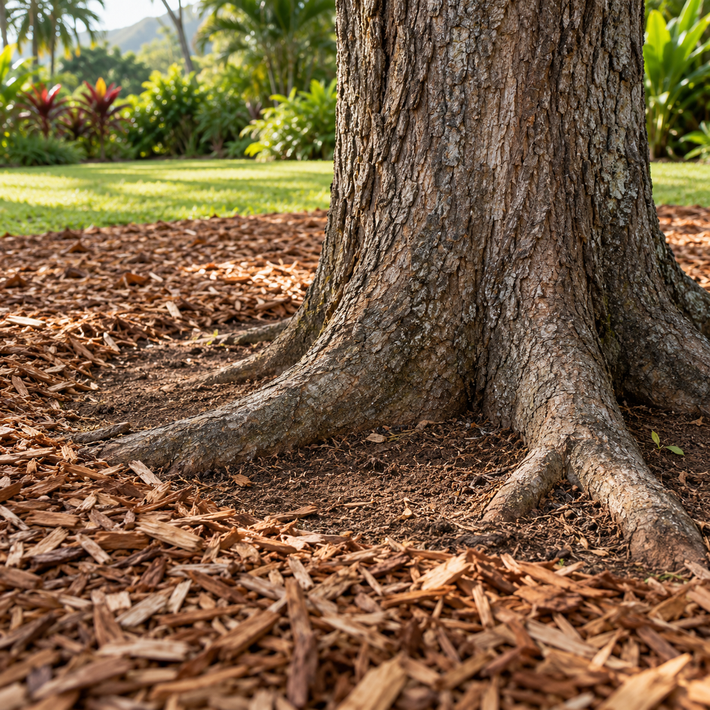 Exposed koa trunk flare and surface roots with shallow woodchip mulch kept away from the bark.