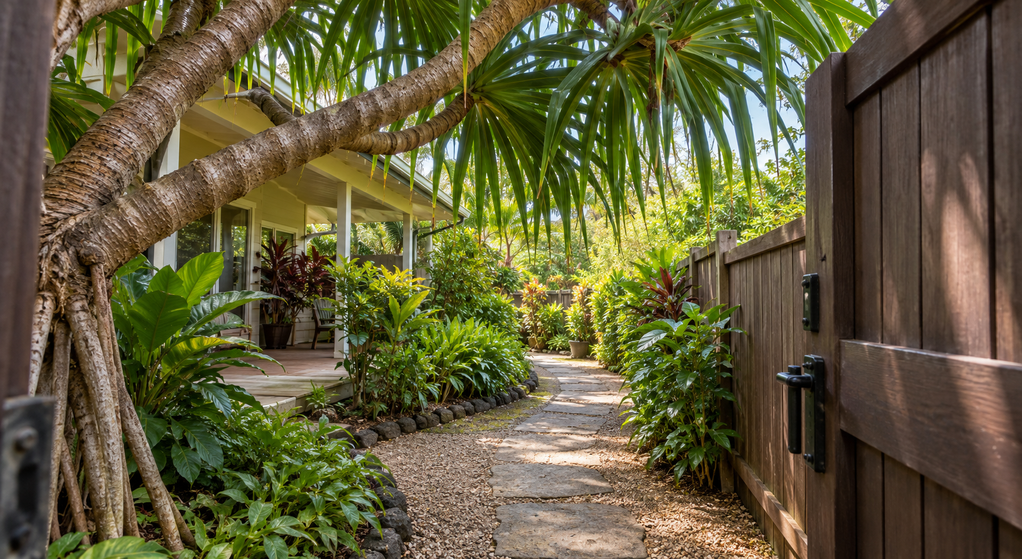 View through an open wooden gate toward a garden path beneath arching hala branches beside a fence.