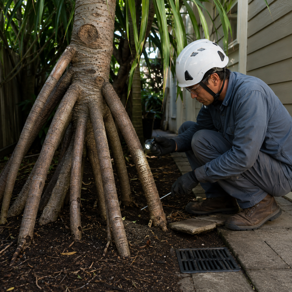 Arborist inspects structural hala prop roots beside paving and a residential drain.