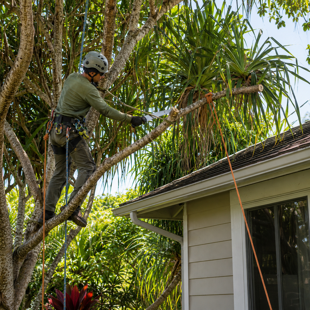 Climbing arborist selectively prunes a hala branch near an Oahu home’s roof.