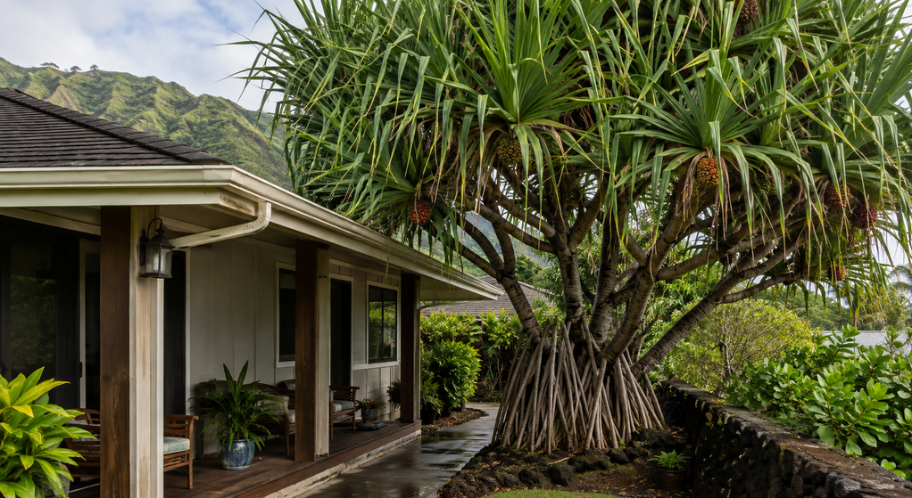 Mature hala tree growing close to the roof, walkway, and side yard of an Oahu home.