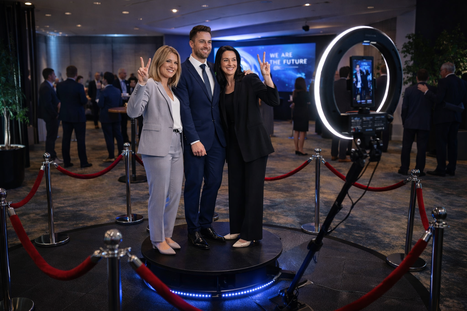 Three people posing on a lit platform at an event, with a camera rig in front and red velvet ropes around them