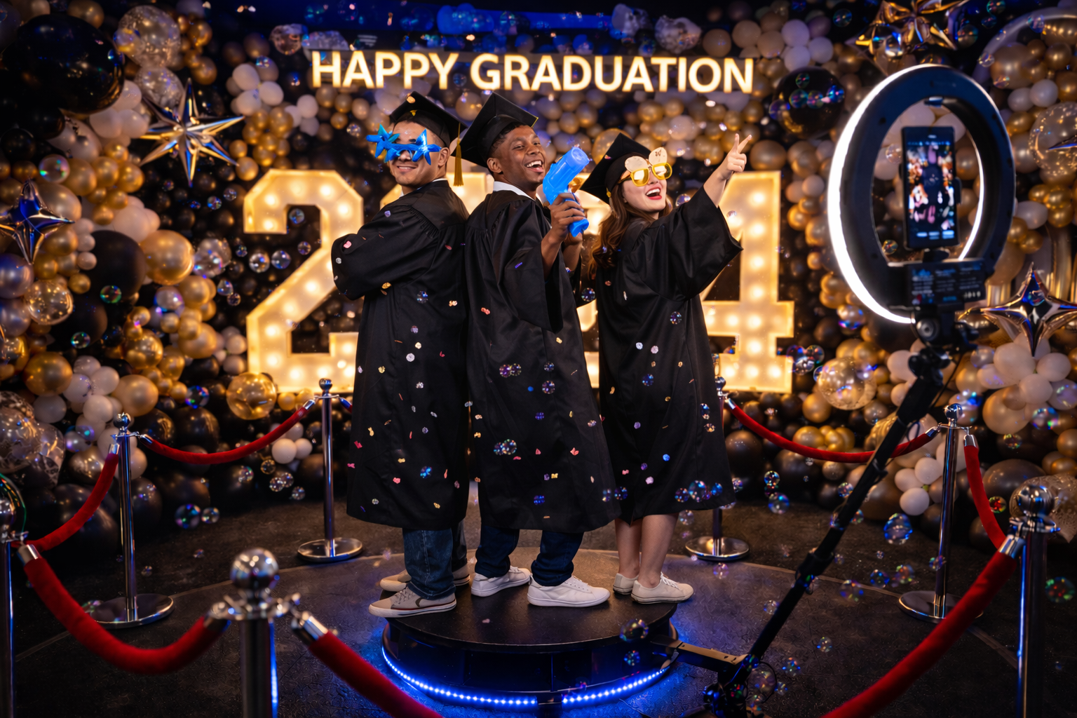 Three graduates in caps and gowns pose under “Happy Graduation” lights and a 2010 sign.