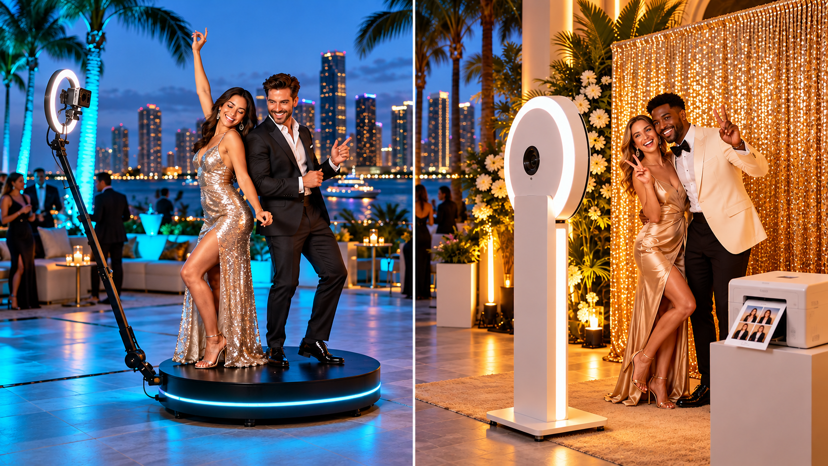 Guests using a 360 video booth and traditional photo booth at a luxury Miami event.