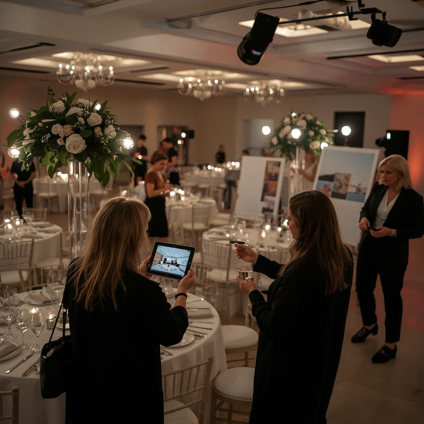 Elegant banquet hall with round tables, floral centerpieces, and guests networking under warm lighting