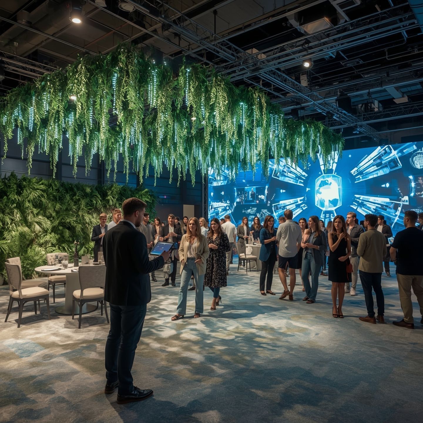 Crowd at an indoor event under hanging greenery, facing a large blue digital screen.