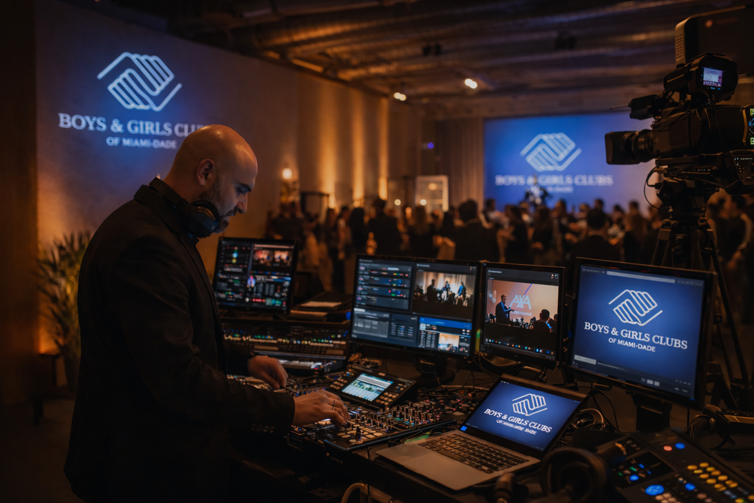 DJ at a live event with multiple monitors and stage lighting, filming equipment in the background
