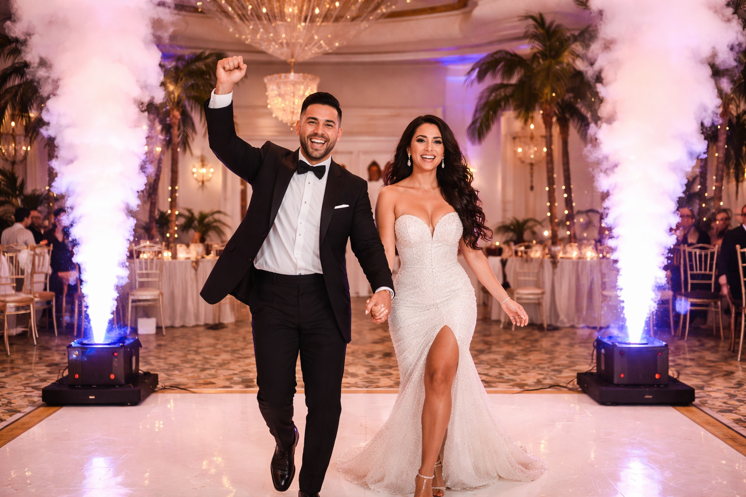 Newlyweds enter a ballroom with raised hands, flanked by purple-lit smoke effects and floral decor.